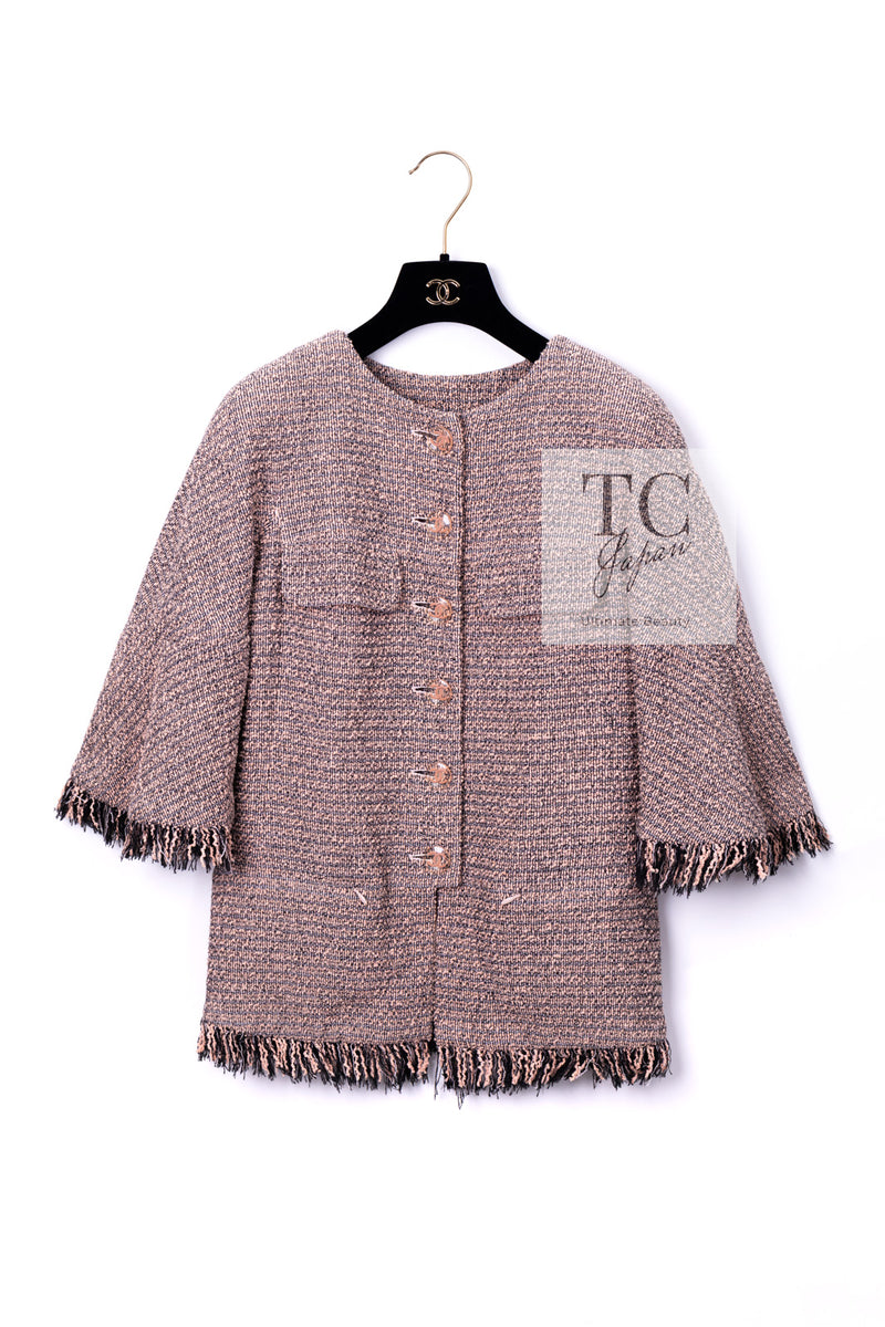 CHANEL 18PS Pink Black Fringe Cotton Collarless Tweed Jacket 34 36 シャネル ピンク ブラック フリンジ コットン ノーカラー ツイード ジャケット 即発