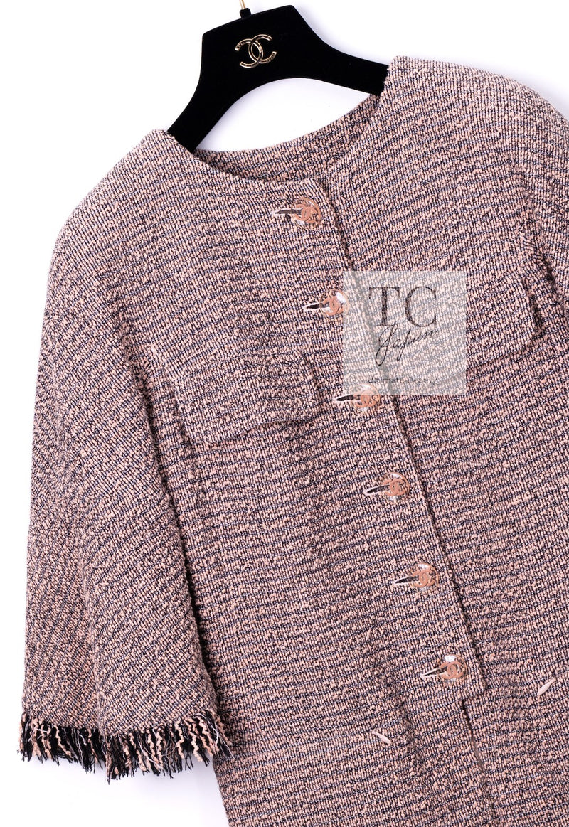 CHANEL 18PS Pink Black Fringe Cotton Collarless Tweed Jacket 34 36 シャネル ピンク ブラック フリンジ コットン ノーカラー ツイード ジャケット 即発