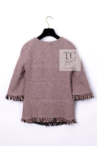 CHANEL 18PS Pink Black Fringe Cotton Collarless Tweed Jacket 34 36 シャネル ピンク ブラック フリンジ コットン ノーカラー ツイード ジャケット 即発