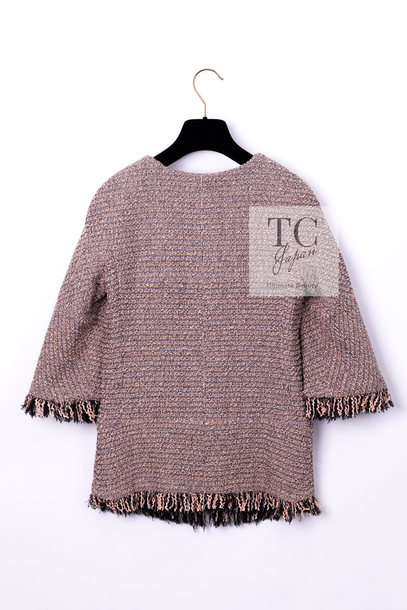 CHANEL 18PS Pink Black Fringe Cotton Collarless Tweed Jacket 34 36 シャネル ピンク ブラック フリンジ コットン ノーカラー ツイード ジャケット 即発