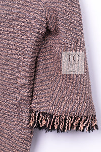 CHANEL 18PS Pink Black Fringe Cotton Collarless Tweed Jacket 34 36 シャネル ピンク ブラック フリンジ コットン ノーカラー ツイード ジャケット 即発