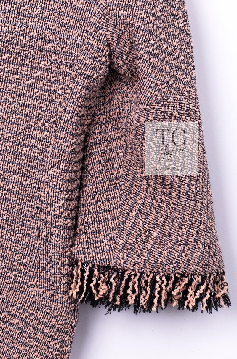 CHANEL 18PS Pink Black Fringe Cotton Collarless Tweed Jacket 34 36 シャネル ピンク ブラック フリンジ コットン ノーカラー ツイード ジャケット 即発