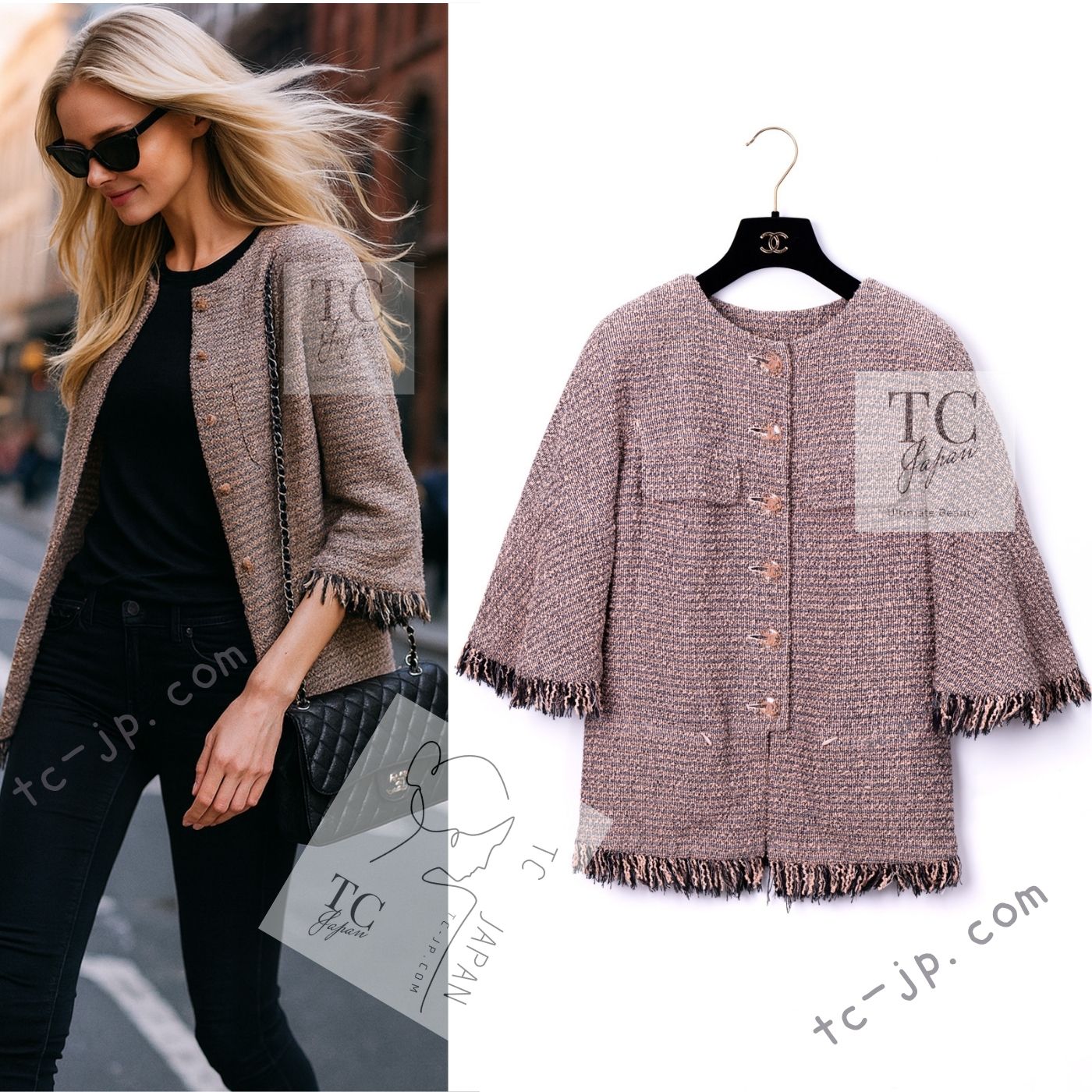 CHANEL 18PS Pink Black Fringe Cotton Collarless Tweed Jacket 34 36 シャネル ピンク ブラック フリンジ コットン ノーカラー ツイード ジャケット 即発