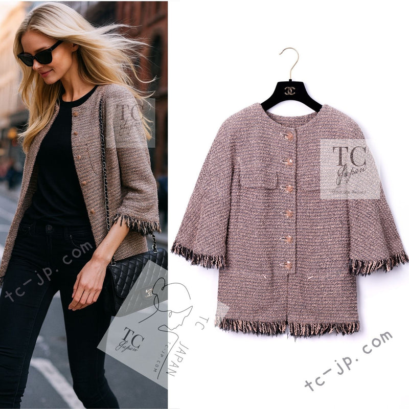 CHANEL 18PS Pink Black Fringe Cotton Collarless Tweed Jacket 34 36 シャネル ピンク ブラック フリンジ コットン ノーカラー ツイード ジャケット 即発