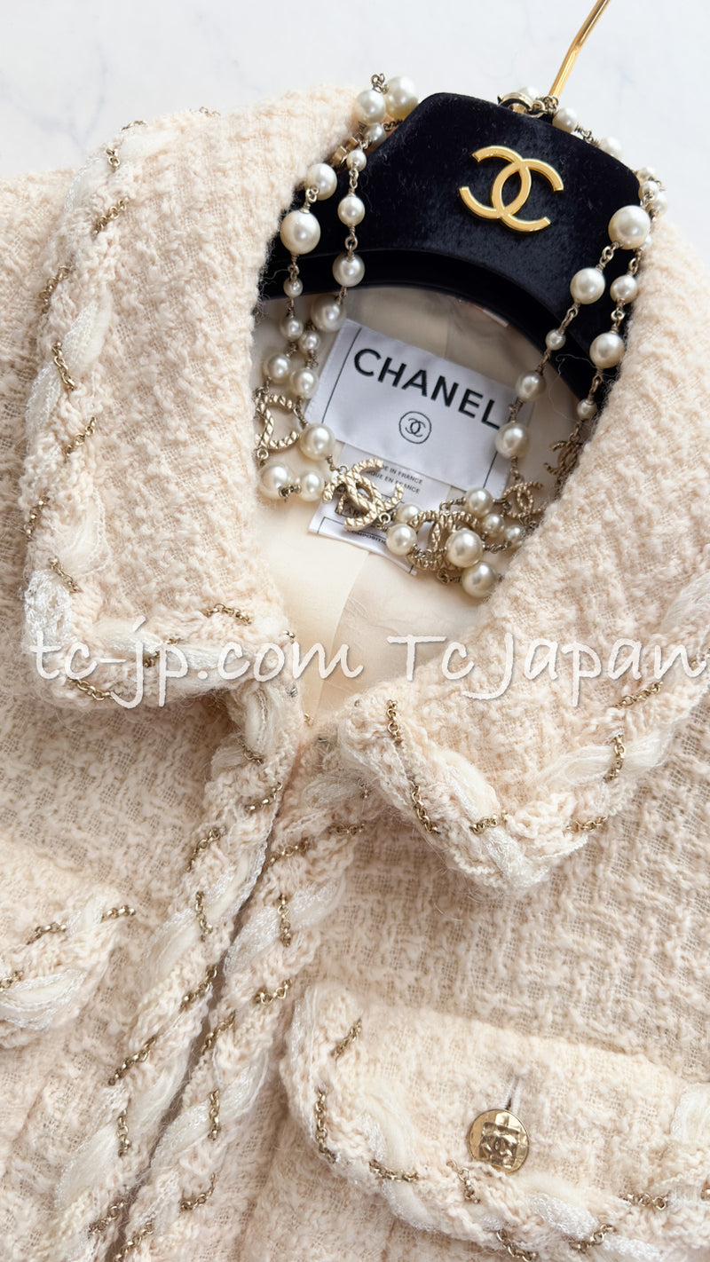 CHANEL 07A Creme Ivory Gold Chain Trim Wool Tweed Jacket Skirt Suit 36 38 シャネル クリーム アイボリー ゴールド チェーン トリム ウール ツイード ジャケット スカート スーツ 即発