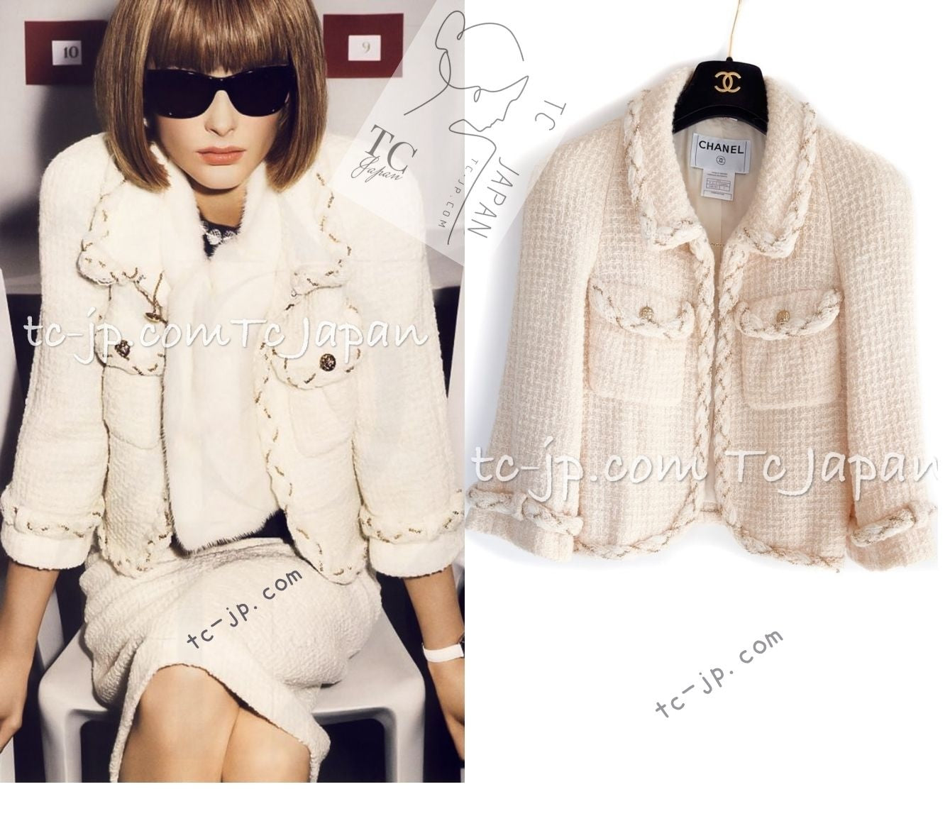 希少モデル✨CHANEL 金ボタン　ジャケット CHANEL 07A Creme Ivory Gold Chain Trim Wool Tweed Jacket 34 36