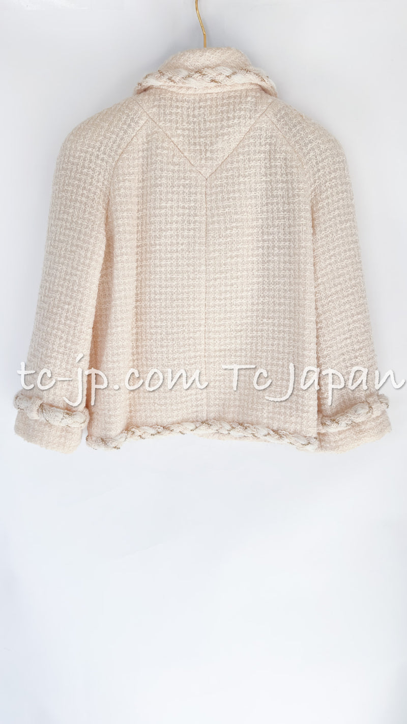 CHANEL 07A Creme Ivory Gold Chain Trim Wool Tweed Jacket 34 36 シャネル クリーム アイボリー ゴールド チェーン トリム ウール ツイード ジャケット 即発