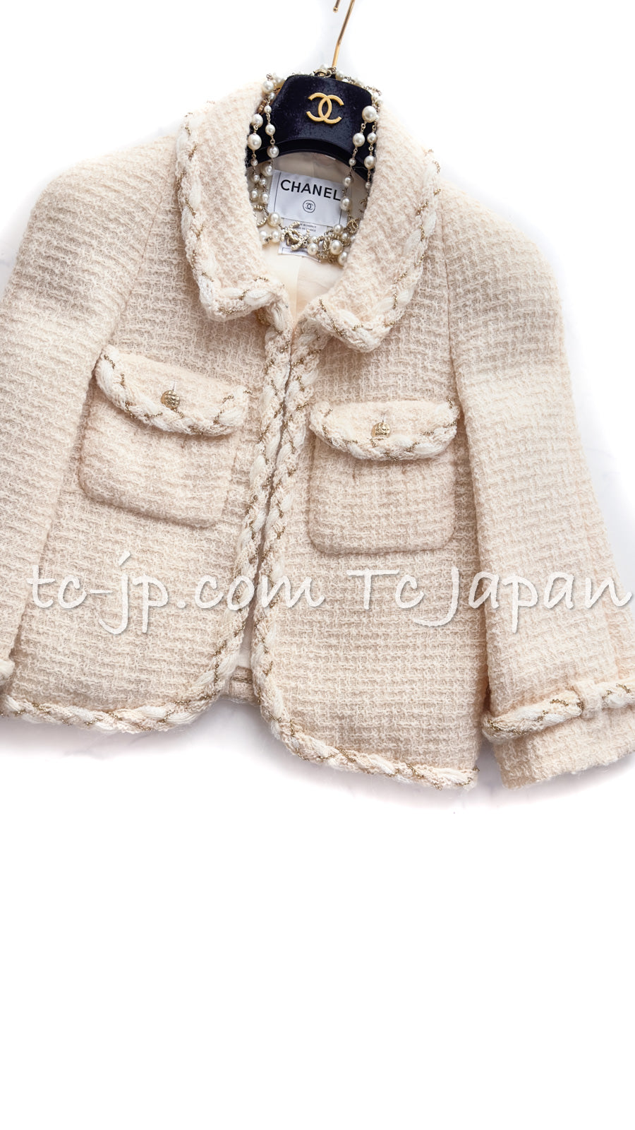 CHANEL 07A Creme Ivory Gold Chain Trim Wool Tweed Jacket 34 36 シャネル クリーム アイボリー ゴールド チェーン トリム ウール ツイード ジャケット 即発