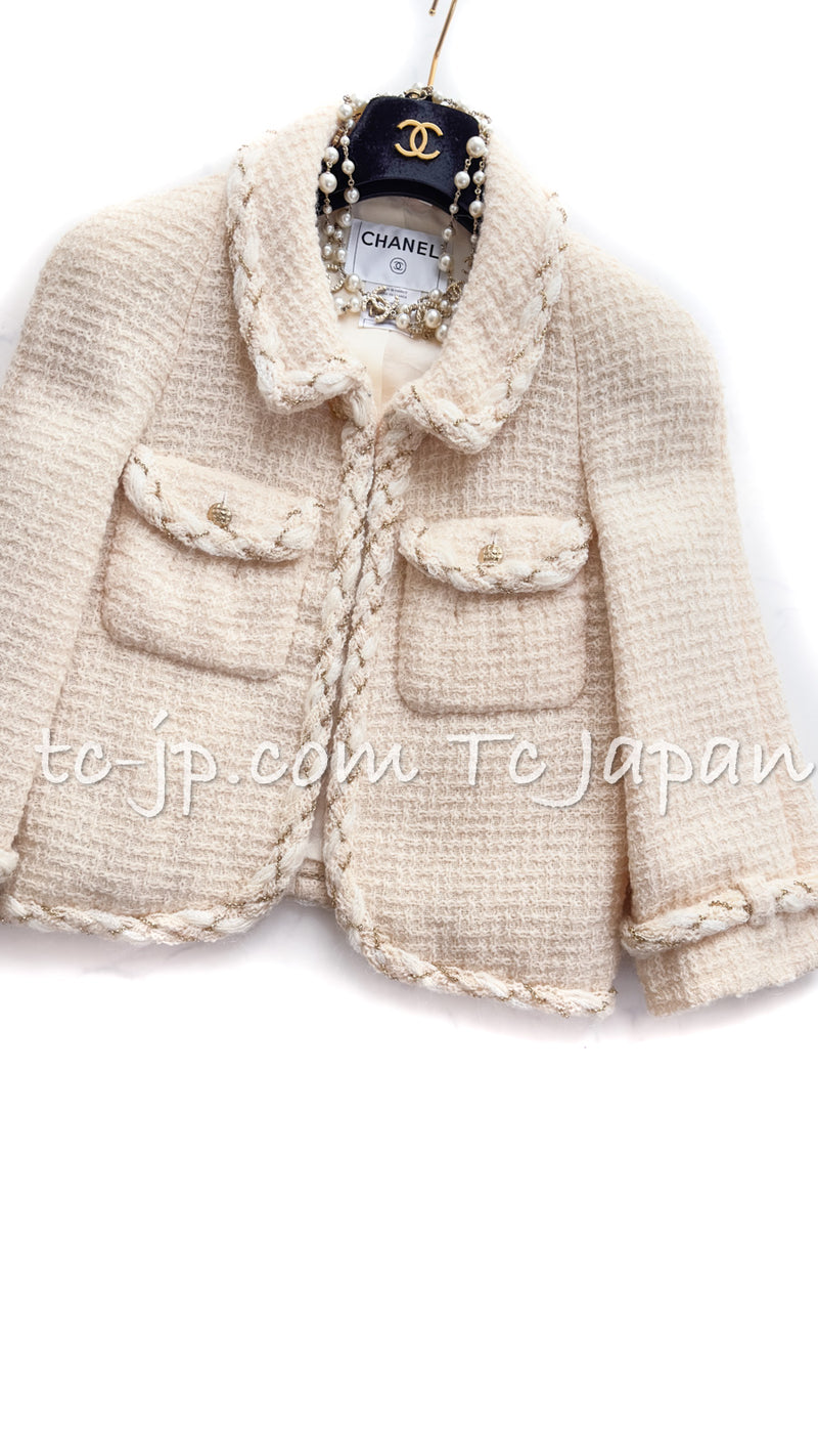 CHANEL 07A Creme Ivory Gold Chain Trim Wool Tweed Jacket 34 36 シャネル クリーム アイボリー ゴールド チェーン トリム ウール ツイード ジャケット 即発