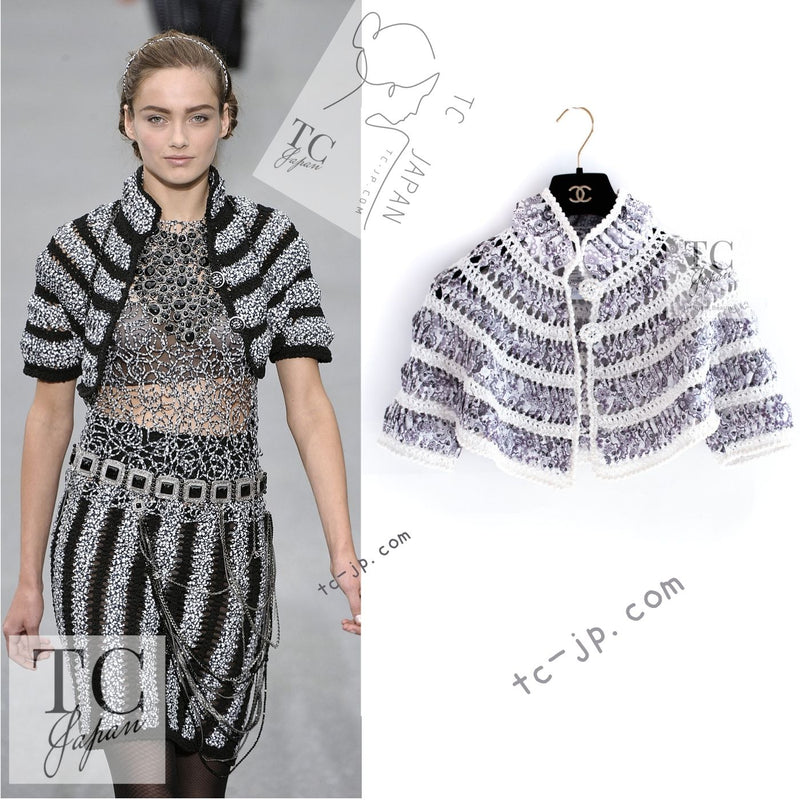 CHANEL 09S White Navy Floral Cardigan Cape Jacket 36 38 シャネル ホワイト ネイビー フローラル ボレロ カーディガン ケープ ジャケット 即発