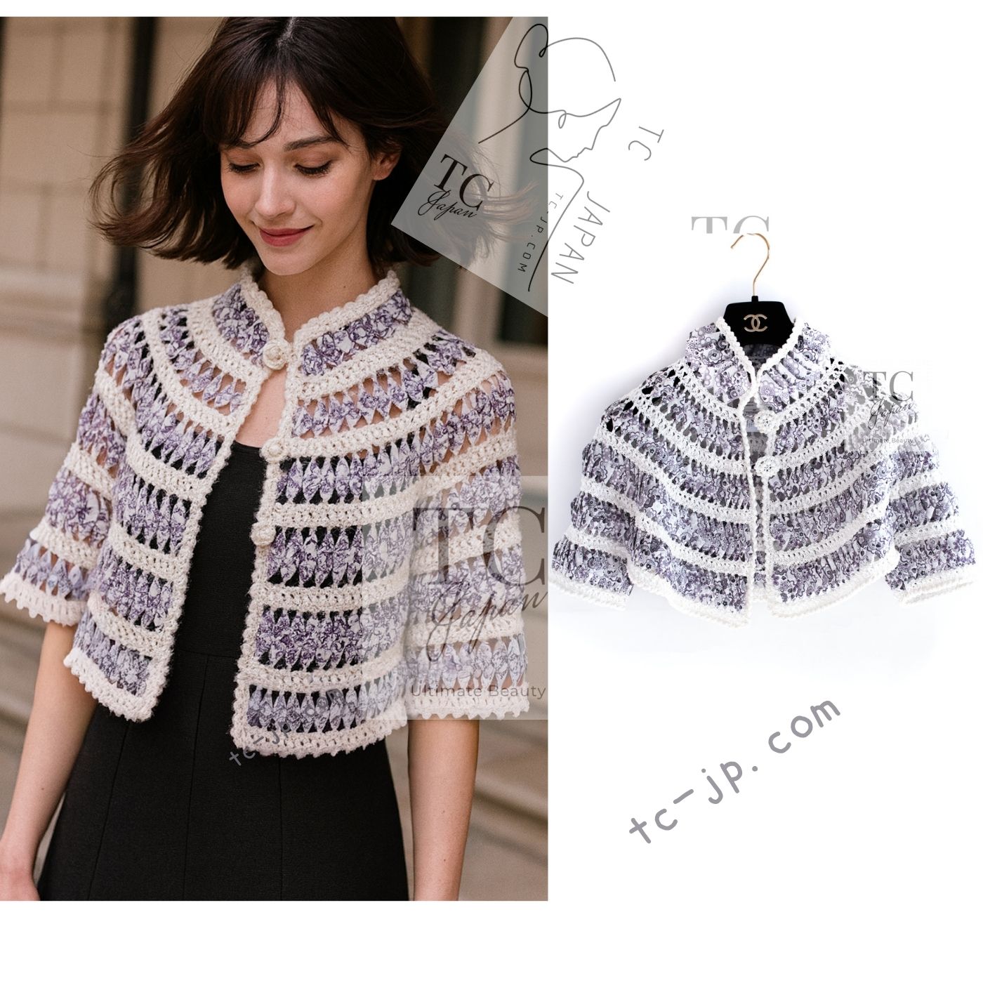 CHANEL 09S White Navy Floral Cardigan Cape Jacket 36 38 シャネル ホワイト ネイビー フローラル ボレロ カーディガン ケープ ジャケット 即発