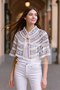 CHANEL 09S White Navy Floral Cardigan Cape Jacket 36 38 シャネル ホワイト ネイビー フローラル ボレロ カーディガン ケープ ジャケット 即発