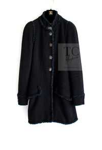 CHANEL 13C Black Navy Trim Stand Collar Cotton Jacket Coat Cloisonne CC Button 34 シャネル ブラック ネイビー スタンドカラー コットン ジャケット コート 七宝焼 CCボタン 即発