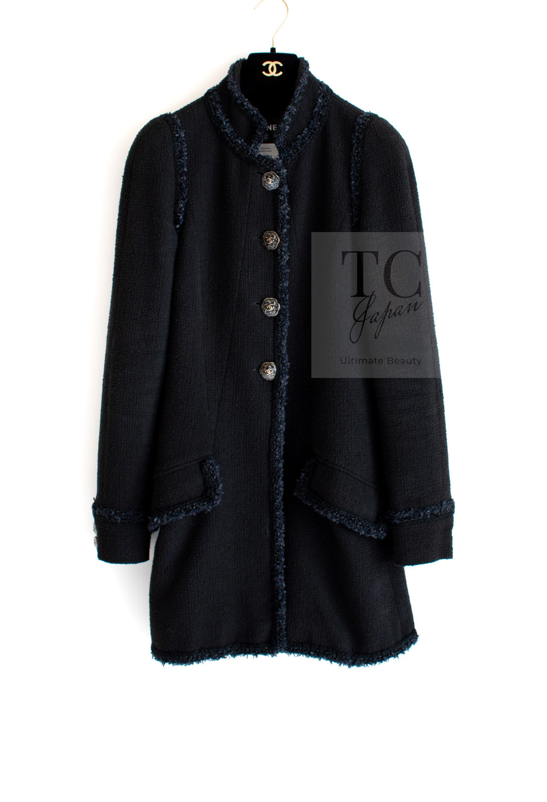 CHANEL 13C Black Navy Trim Stand Collar Cotton Jacket Coat Cloisonne CC Button 34 シャネル ブラック ネイビー スタンドカラー コットン ジャケット コート 七宝焼 CCボタン 即発