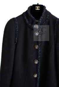 CHANEL 13C Black Navy Trim Stand Collar Cotton Jacket Coat Cloisonne CC Button 34 シャネル ブラック ネイビー スタンドカラー コットン ジャケット コート 七宝焼 CCボタン 即発