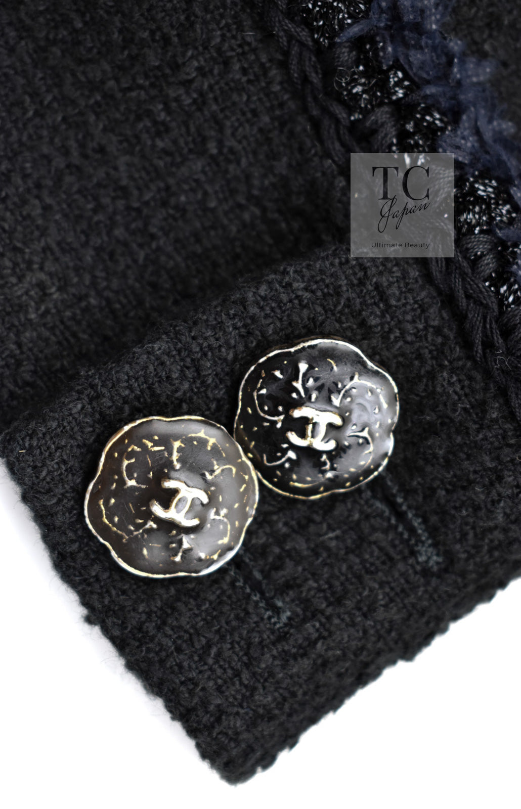 CHANEL 13C Black Navy Trim Stand Collar Cotton Jacket Coat Cloisonne CC Button 34 シャネル ブラック ネイビー スタンドカラー コットン ジャケット コート 七宝焼 CCボタン 即発