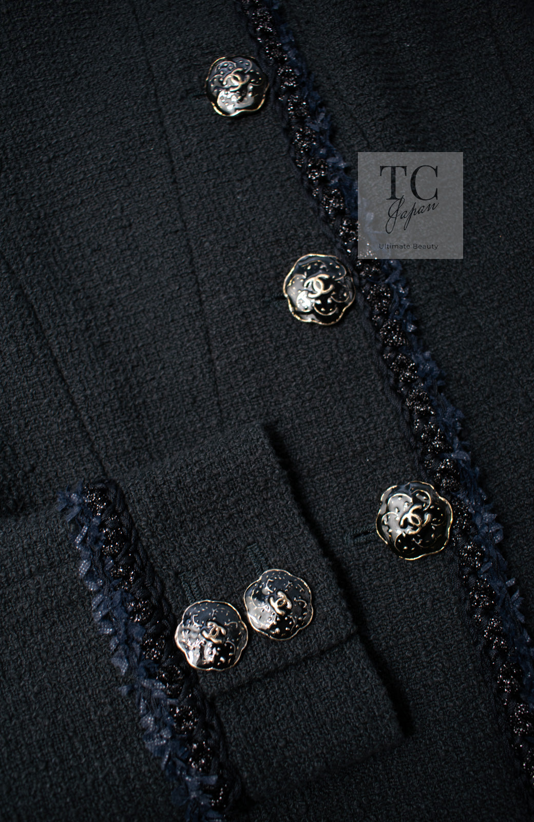CHANEL 13C Black Navy Trim Stand Collar Cotton Jacket Coat Cloisonne CC Button 34 シャネル ブラック ネイビー スタンドカラー コットン ジャケット コート 七宝焼 CCボタン 即発
