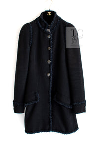CHANEL 13C Black Navy Trim Stand Collar Cotton Jacket Coat Cloisonne CC Button 34 シャネル ブラック ネイビー スタンドカラー コットン ジャケット コート 七宝焼 CCボタン 即発