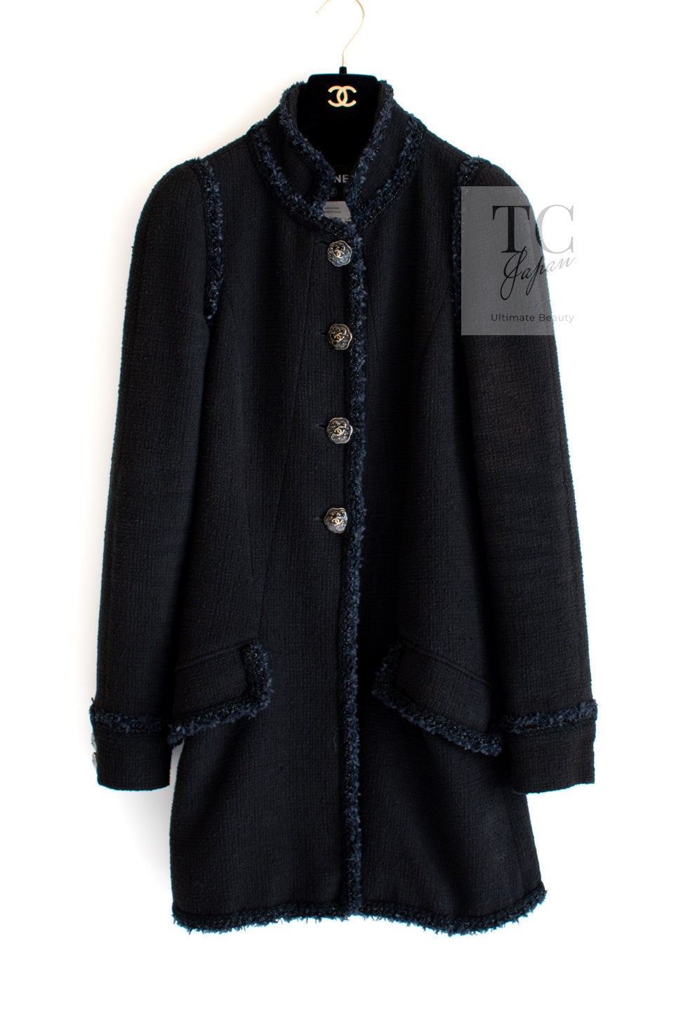 CHANEL 13C Black Navy Trim Stand Collar Cotton Jacket Coat Cloisonne CC Button 34 シャネル ブラック ネイビー スタンドカラー コットン ジャケット コート 七宝焼 CCボタン 即発