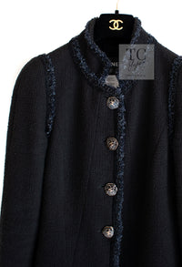 CHANEL 13C Black Navy Trim Stand Collar Cotton Jacket Coat Cloisonne CC Button 34 シャネル ブラック ネイビー スタンドカラー コットン ジャケット コート 七宝焼 CCボタン 即発