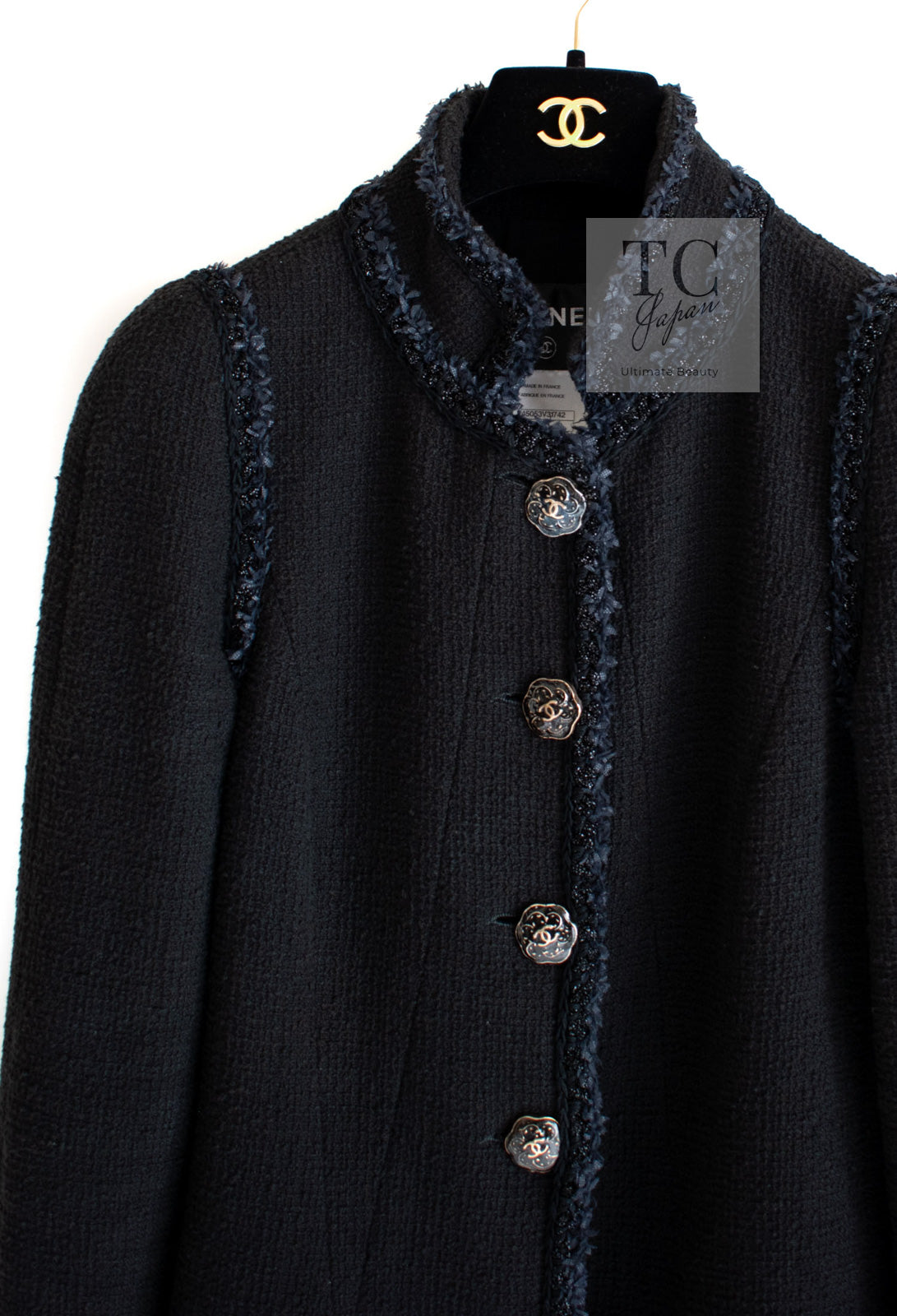 CHANEL 13C Black Navy Trim Stand Collar Cotton Jacket Coat Cloisonne CC Button 34 シャネル ブラック ネイビー スタンドカラー コットン ジャケット コート 七宝焼 CCボタン 即発
