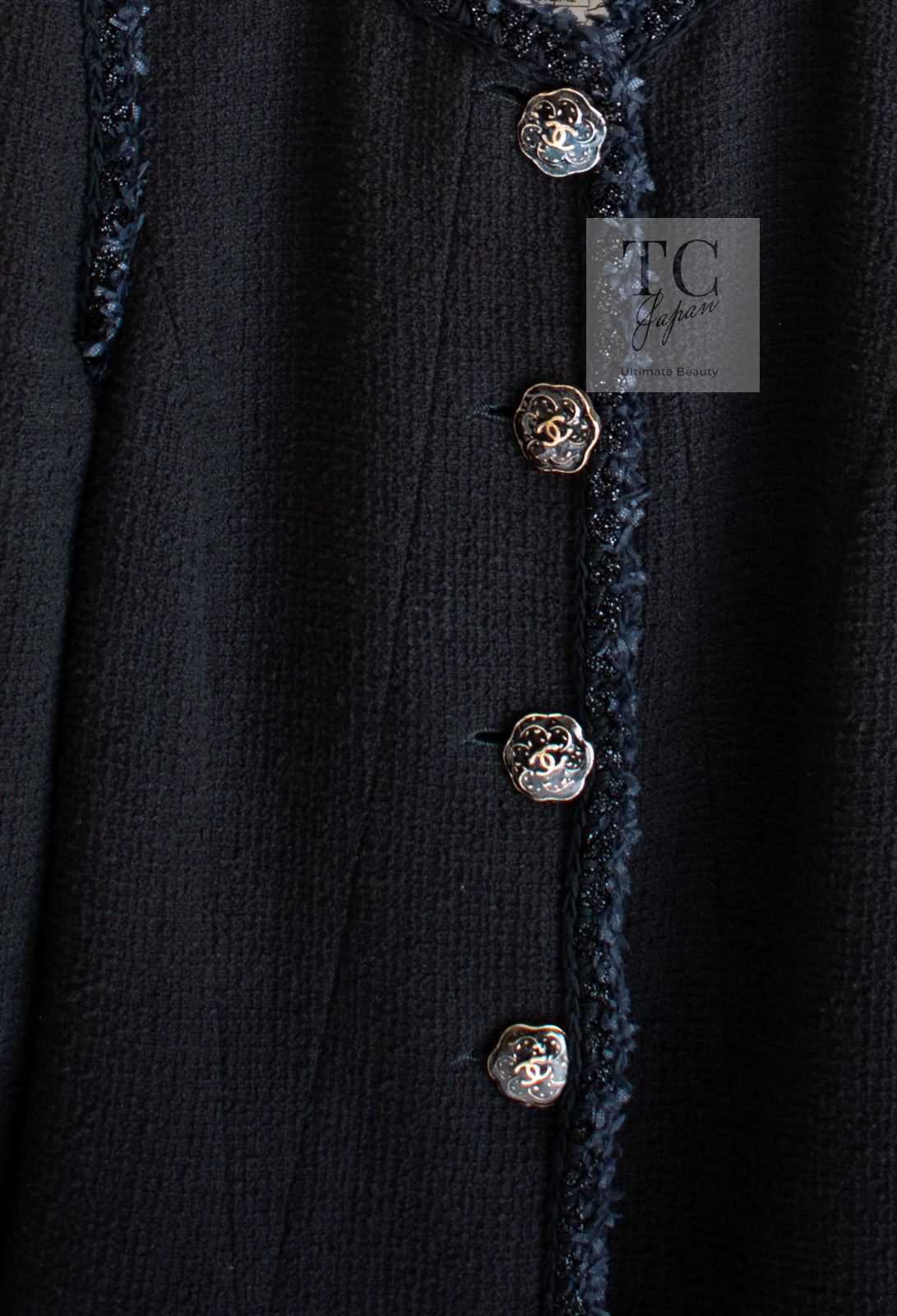 CHANEL 13C Black Navy Trim Stand Collar Cotton Jacket Coat Cloisonne CC Button 34 シャネル ブラック ネイビー スタンドカラー コットン ジャケット コート 七宝焼 CCボタン 即発