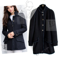 CHANEL 13C Black Navy Trim Stand Collar Cotton Jacket Coat Cloisonne CC Button 34 シャネル ブラック ネイビー スタンドカラー コットン ジャケット コート 七宝焼 CCボタン 即発