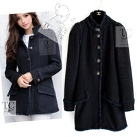 CHANEL 13C Black Navy Trim Stand Collar Cotton Jacket Coat Cloisonne CC Button 34 シャネル ブラック ネイビー スタンドカラー コットン ジャケット コート 七宝焼 CCボタン 即発