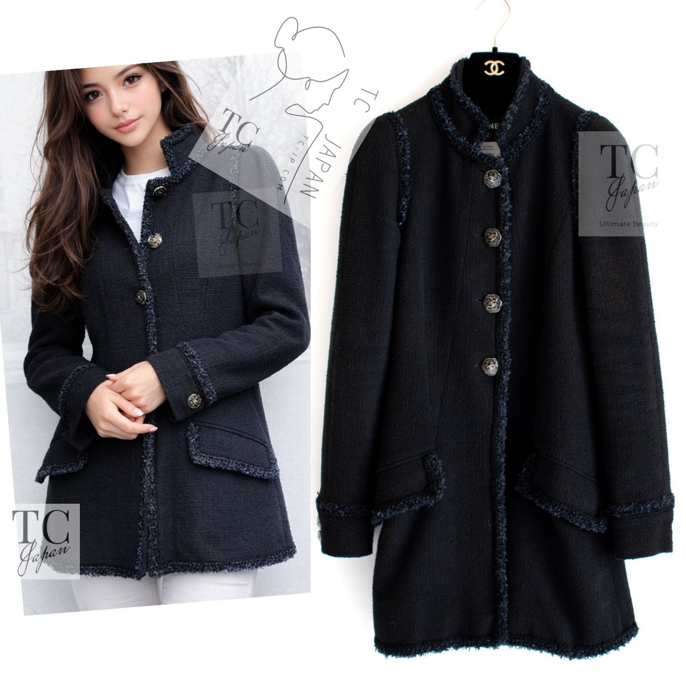 CHANEL 13C Black Navy Trim Stand Collar Cotton Jacket Coat Cloisonne CC Button 34 シャネル ブラック ネイビー スタンドカラー コットン ジャケット コート 七宝焼 CCボタン 即発