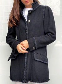 CHANEL 13C Black Navy Trim Stand Collar Cotton Jacket Coat Cloisonne CC Button 34 シャネル ブラック ネイビー スタンドカラー コットン ジャケット コート 七宝焼 CCボタン 即発