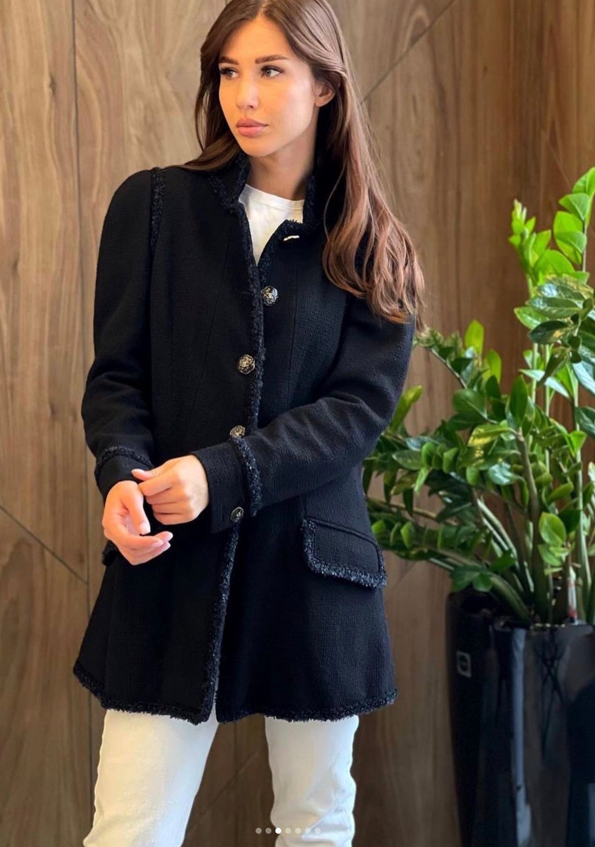 CHANEL 13C Black Navy Trim Stand Collar Cotton Jacket Coat Cloisonne CC Button 34 シャネル ブラック ネイビー スタンドカラー コットン ジャケット コート 七宝焼 CCボタン 即発