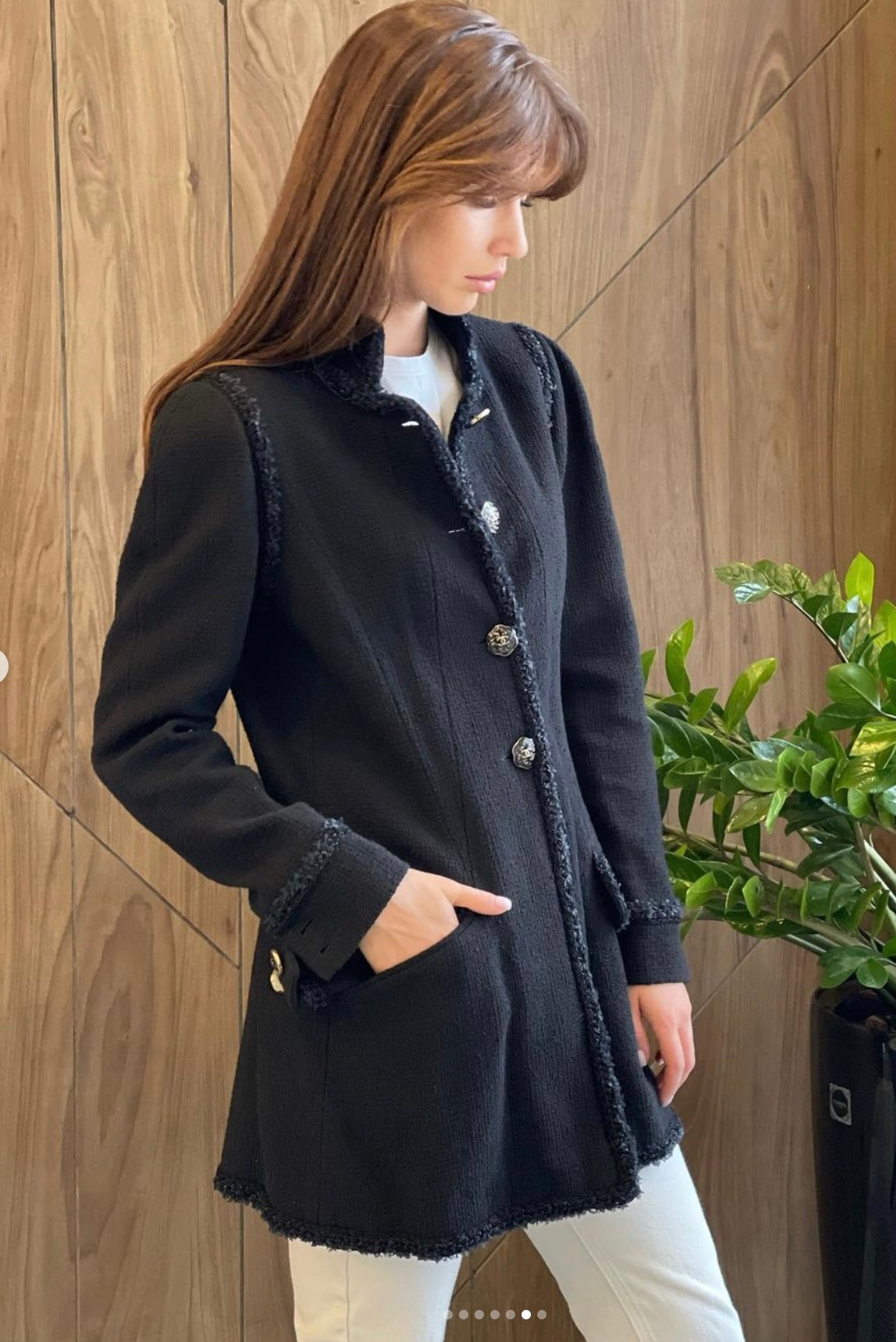 CHANEL 13C Black Navy Trim Stand Collar Cotton Jacket Coat Cloisonne CC Button 34 シャネル ブラック ネイビー スタンドカラー コットン ジャケット コート 七宝焼 CCボタン 即発