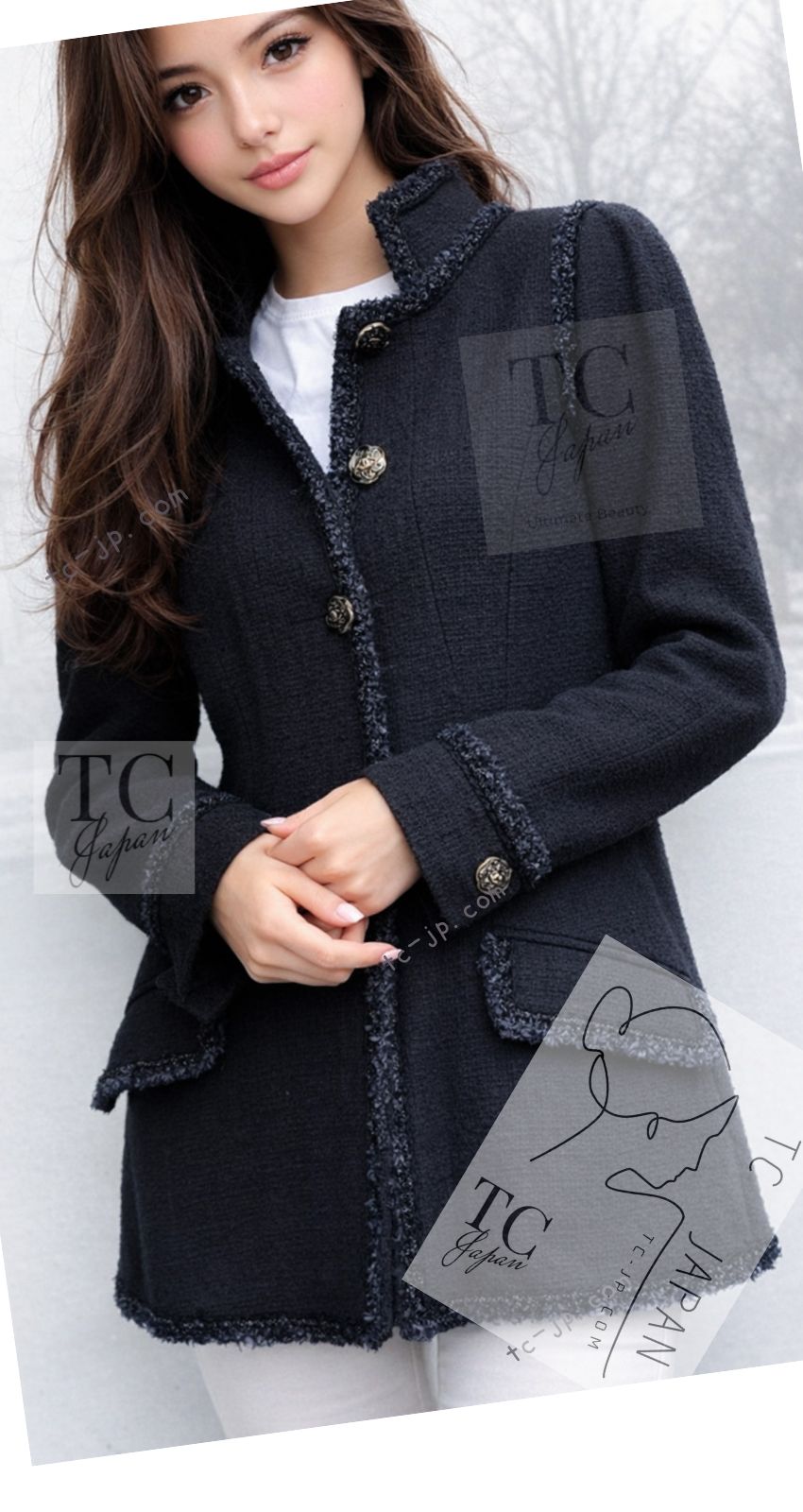 CHANEL 13C Black Navy Trim Stand Collar Cotton Jacket Coat Cloisonne CC Button 34 シャネル ブラック ネイビー スタンドカラー コットン ジャケット コート 七宝焼 CCボタン 即発