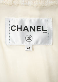 CHANEL 20B Ivory White Ecru Black Braided Trim Collarless Tweed Jacket 34 42 シャネル アイボリー ホワイト ブラック ブレード トリム ノーカラー ツイード ジャケット 即発