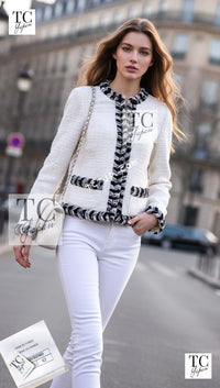 CHANEL 20B Ivory White Ecru Black Braided Trim Collarless Tweed Jacket 42 シャネル アイボリー ホワイト ブラック ブレード トリム ノーカラー ツイード ジャケット 即発