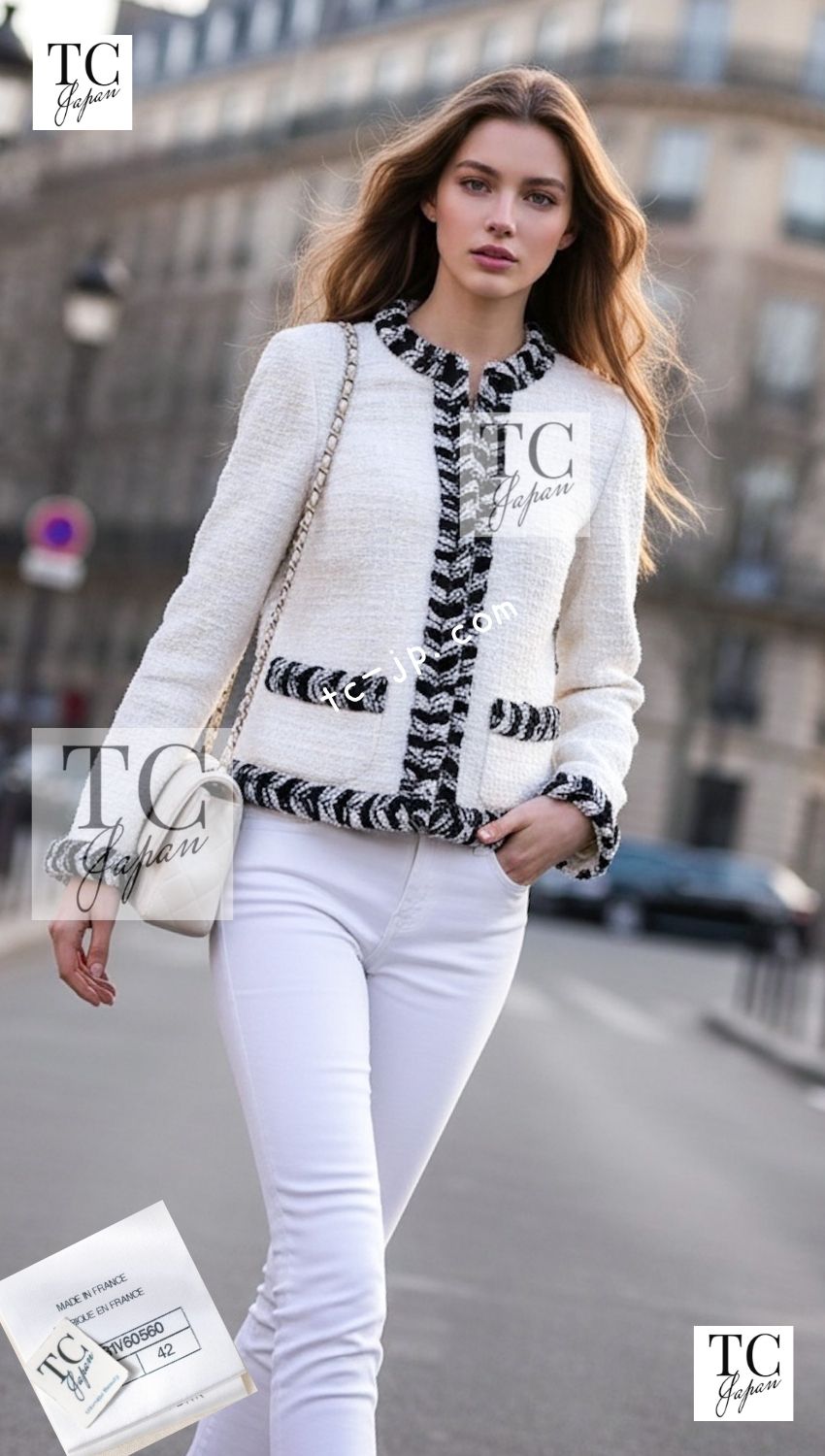 CHANEL 20B Ivory White Ecru Black Braided Trim Collarless Tweed Jacket 42 シャネル アイボリー ホワイト ブラック ブレード トリム ノーカラー ツイード ジャケット 即発