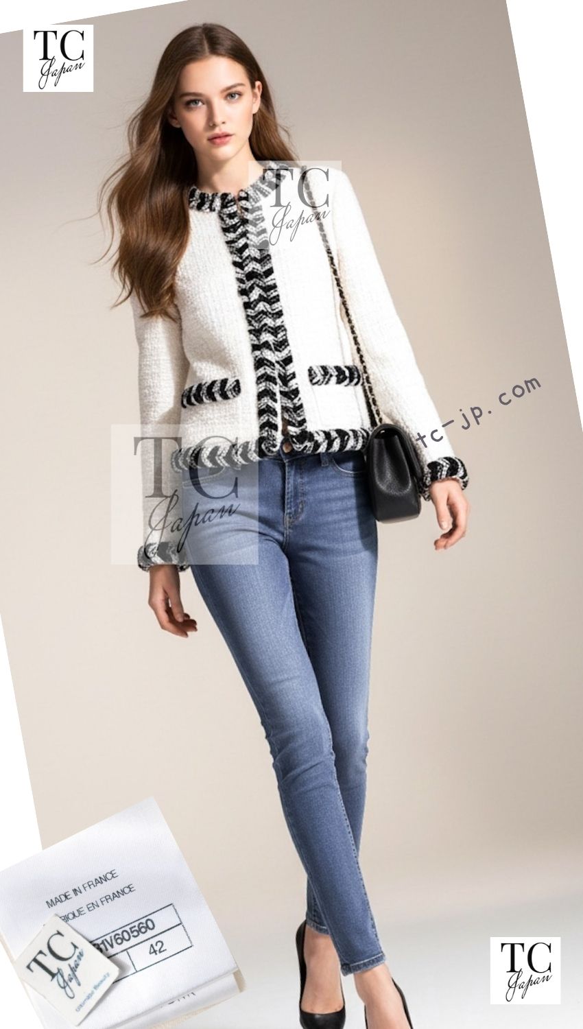 CHANEL 20B Ivory White Ecru Black Braided Trim Collarless Tweed Jacket 42 シャネル アイボリー ホワイト ブラック ブレード トリム ノーカラー ツイード ジャケット 即発