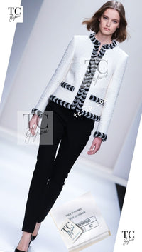CHANEL 20B Ivory White Ecru Black Braided Trim Collarless Tweed Jacket 42 シャネル アイボリー ホワイト ブラック ブレード トリム ノーカラー ツイード ジャケット 即発