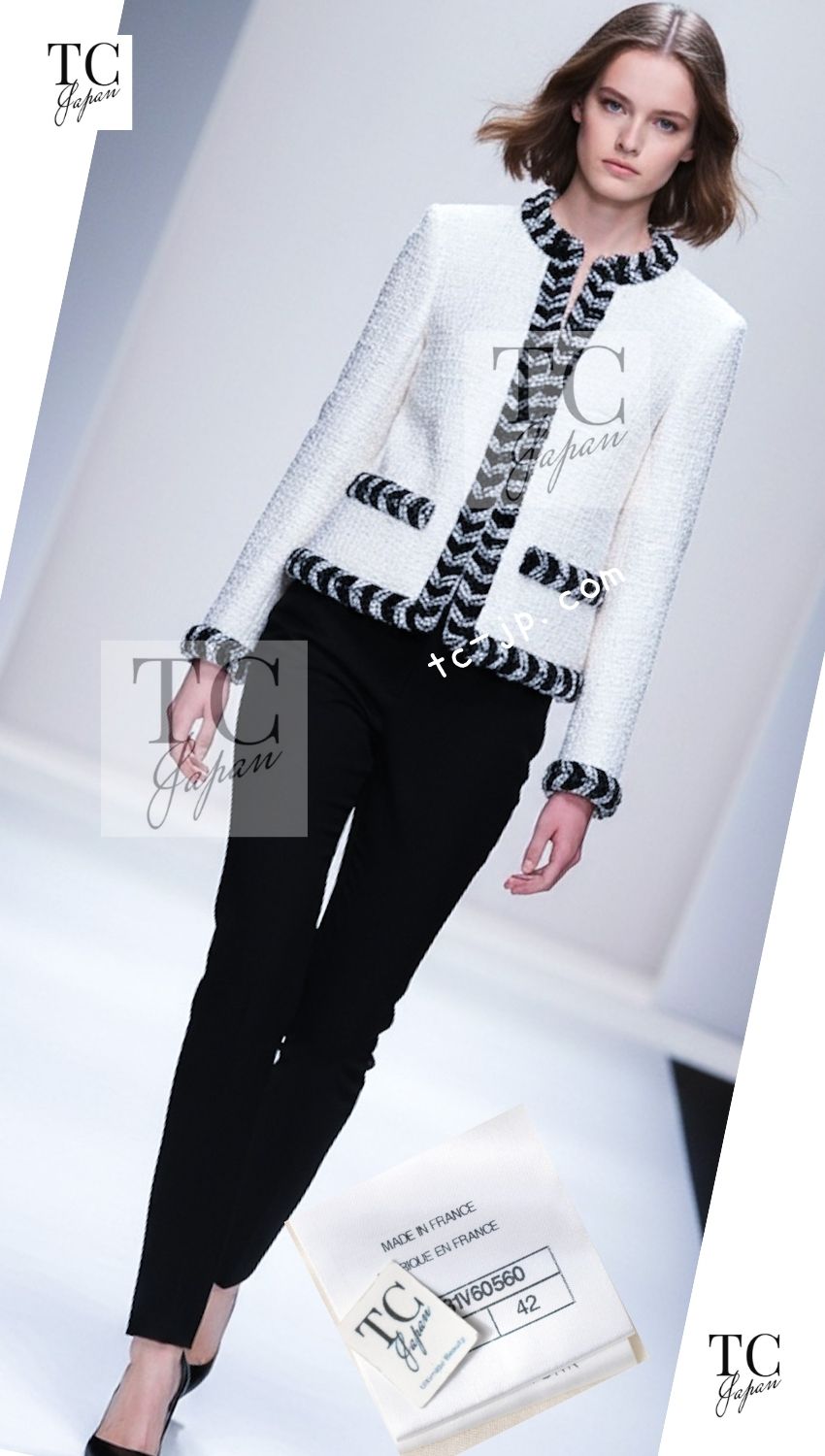 CHANEL 20B Ivory White Ecru Black Braided Trim Collarless Tweed Jacket 42 シャネル アイボリー ホワイト ブラック ブレード トリム ノーカラー ツイード ジャケット 即発