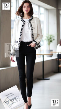 CHANEL 20B Ivory White Ecru Black Braided Trim Collarless Tweed Jacket 42 シャネル アイボリー ホワイト ブラック ブレード トリム ノーカラー ツイード ジャケット 即発