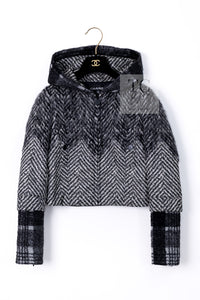 CHANEL 16B Grey Black Herringbone Pattern Mohair Alpaca Hood Jacket 34 シャネル グレー ブラック ヘリンボーン チェック 柄 モヘア アルパカ フード付きジャケット 即発