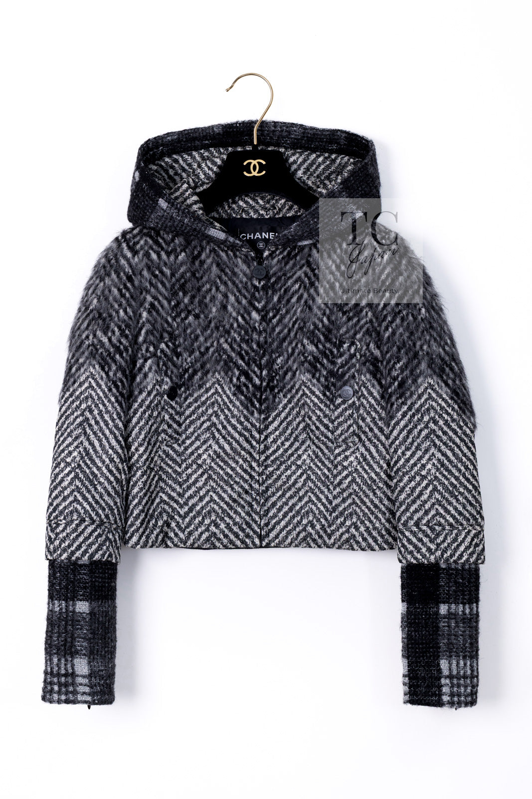 CHANEL 16B Grey Black Herringbone Pattern Mohair Alpaca Hood Jacket 34 シャネル グレー ブラック ヘリンボーン チェック 柄 モヘア アルパカ フード付きジャケット 即発
