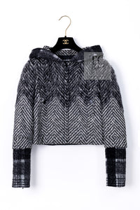 CHANEL 16B Grey Black Herringbone Pattern Mohair Alpaca Hood Jacket 34 シャネル グレー ブラック ヘリンボーン チェック 柄 モヘア アルパカ フード付きジャケット 即発