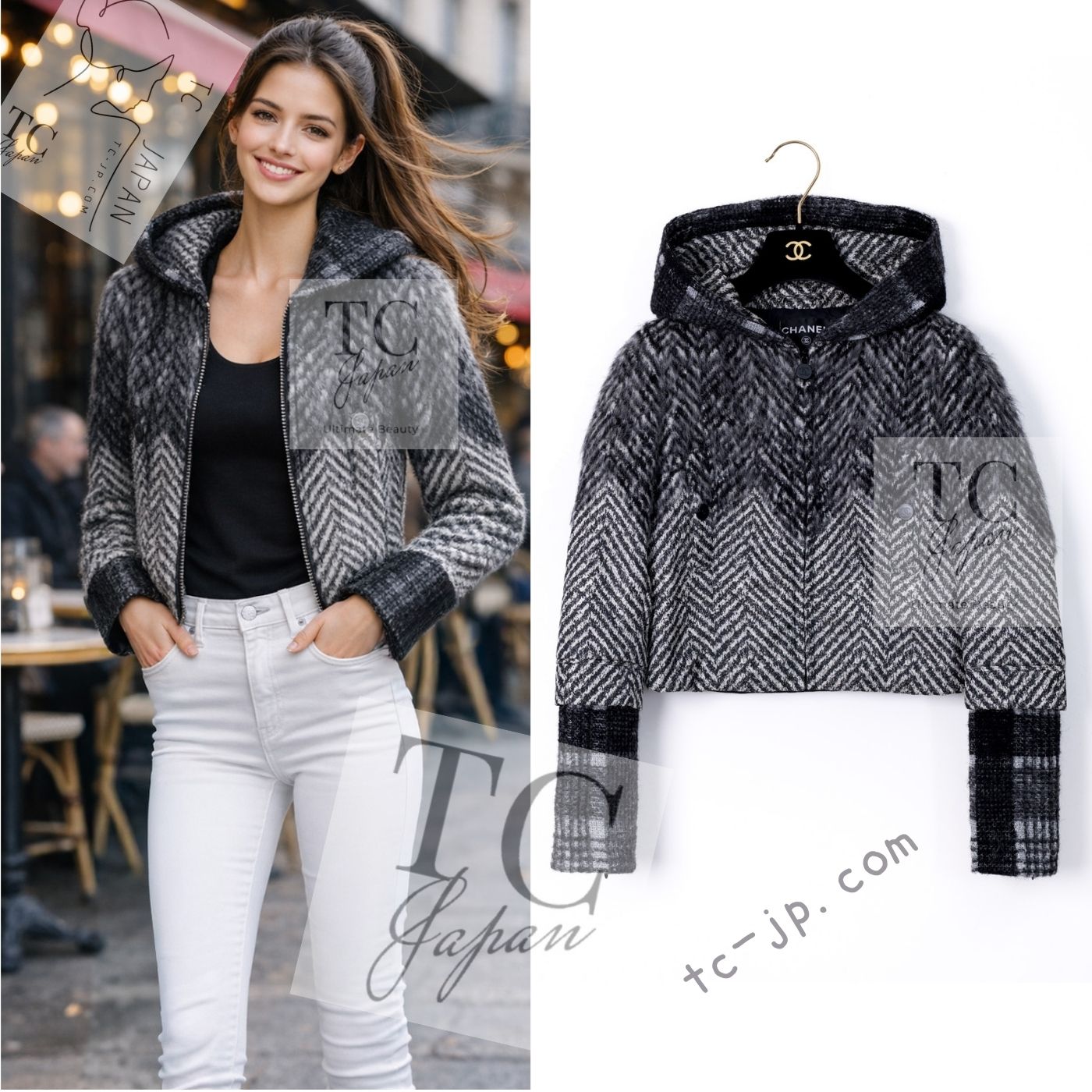 シャネル ジャケット CHANEL グレー ブラック ヘリンボーン チェック