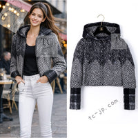 CHANEL 16B Grey Black Herringbone Pattern Mohair Alpaca Hood Jacket 34 シャネル グレー ブラック ヘリンボーン チェック 柄 モヘア アルパカ フード付きジャケット 即発