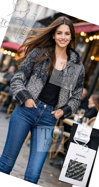 CHANEL 16B Grey Black Herringbone Pattern Mohair Alpaca Hood Jacket 34 シャネル グレー ブラック ヘリンボーン チェック 柄 モヘア アルパカ フード付きジャケット 即発