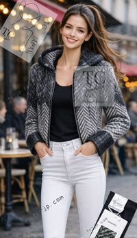 CHANEL 16B Grey Black Herringbone Pattern Mohair Alpaca Hood Jacket 34 シャネル グレー ブラック ヘリンボーン チェック 柄 モヘア アルパカ フード付きジャケット 即発