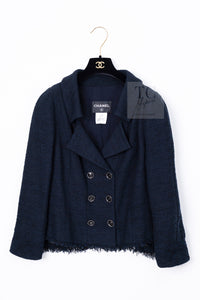 CHANEL 13C Black Navy Cotton Fringe Double Jacket Skirt Suit 42 44 シャネル ブラック ネイビー コットン フリンジ ダブル ジャケット スカート スーツ 即発