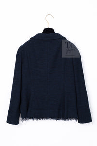CHANEL 13C Black Navy Cotton Fringe Double Jacket Skirt Suit 42 44 シャネル ブラック ネイビー コットン フリンジ ダブル ジャケット スカート スーツ 即発