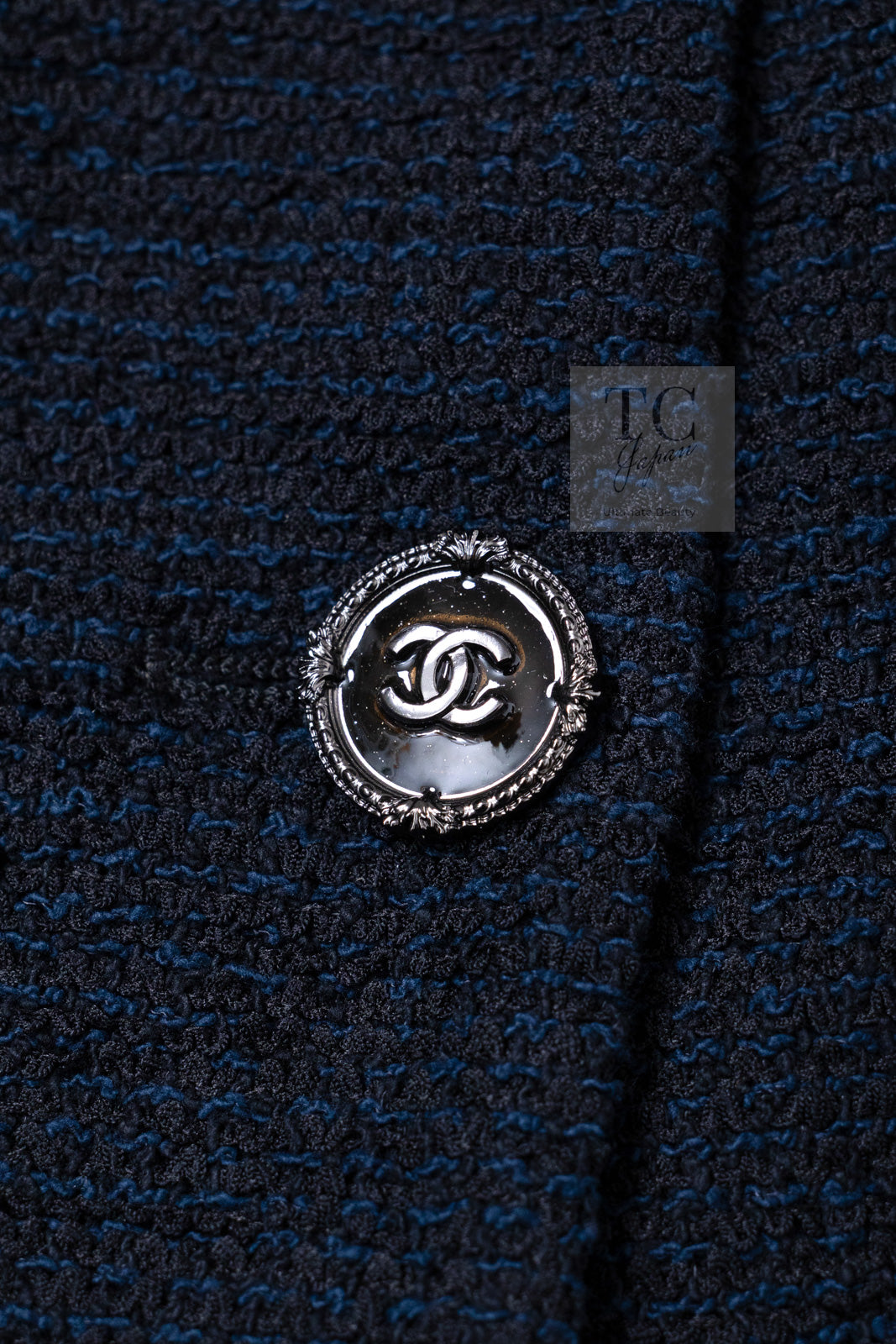 CHANEL 13C Black Navy Cotton Fringe Double Jacket Skirt Suit 42 44 シャネル ブラック ネイビー コットン フリンジ ダブル ジャケット スカート スーツ 即発